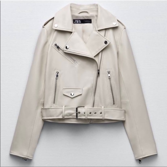 Zara Beige Faux Leather Biker Moto Jacket Sz:XS - Picture 4 of 7